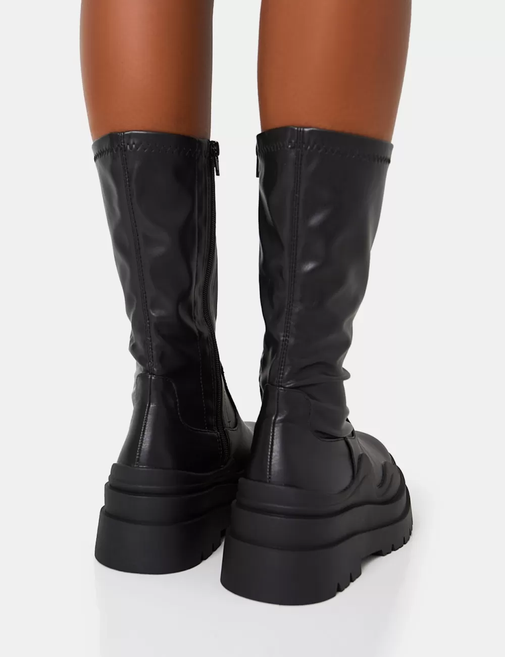 Sale Public Desire Cam Chunky Platform Round Toe PU High Boots Black