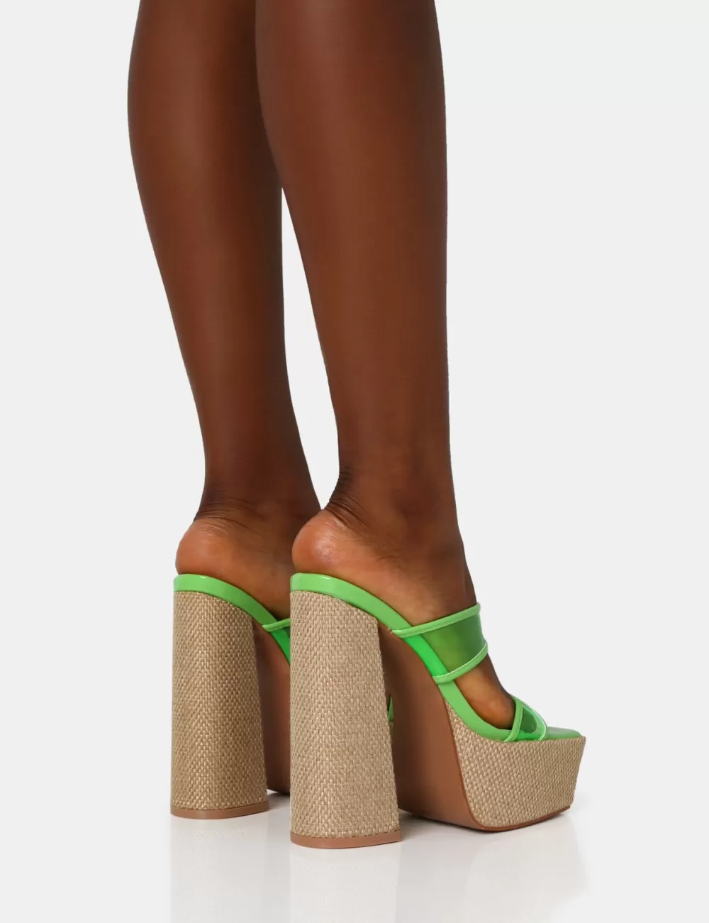Best Sale Public Desire Carley Neon Lime Perspex Mule Square Toe Platform Raffia Block Heels Green