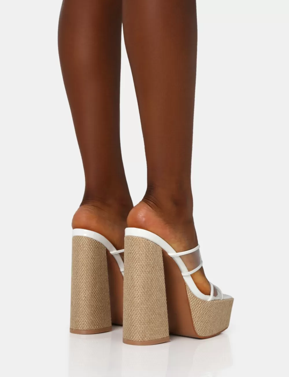 New Public Desire Carley Perspex Mule Square Toe Platform Raffia Block Heels White