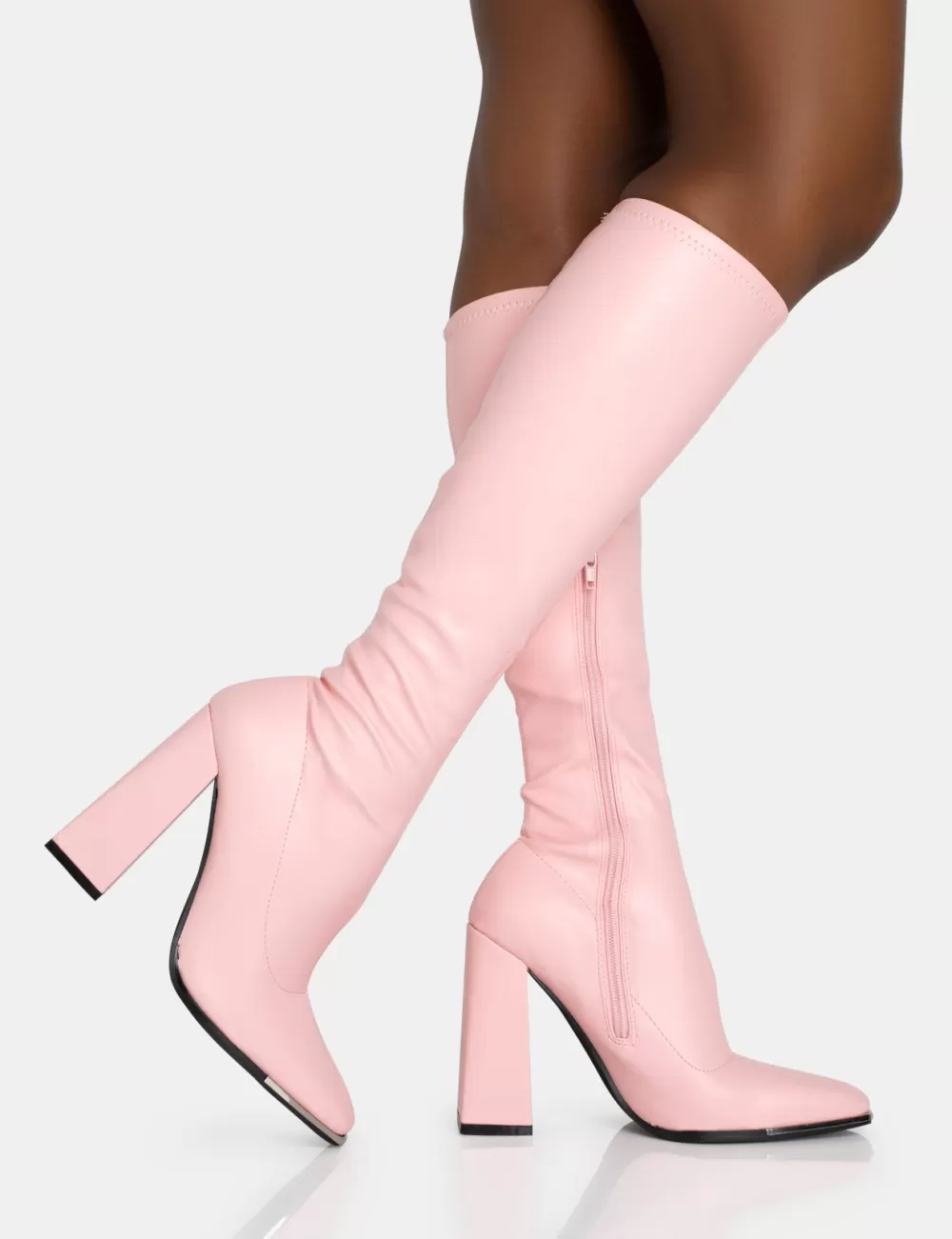 Best Sale Public Desire Caryn Baby Pu Knee High Block Heeled Boots Pink