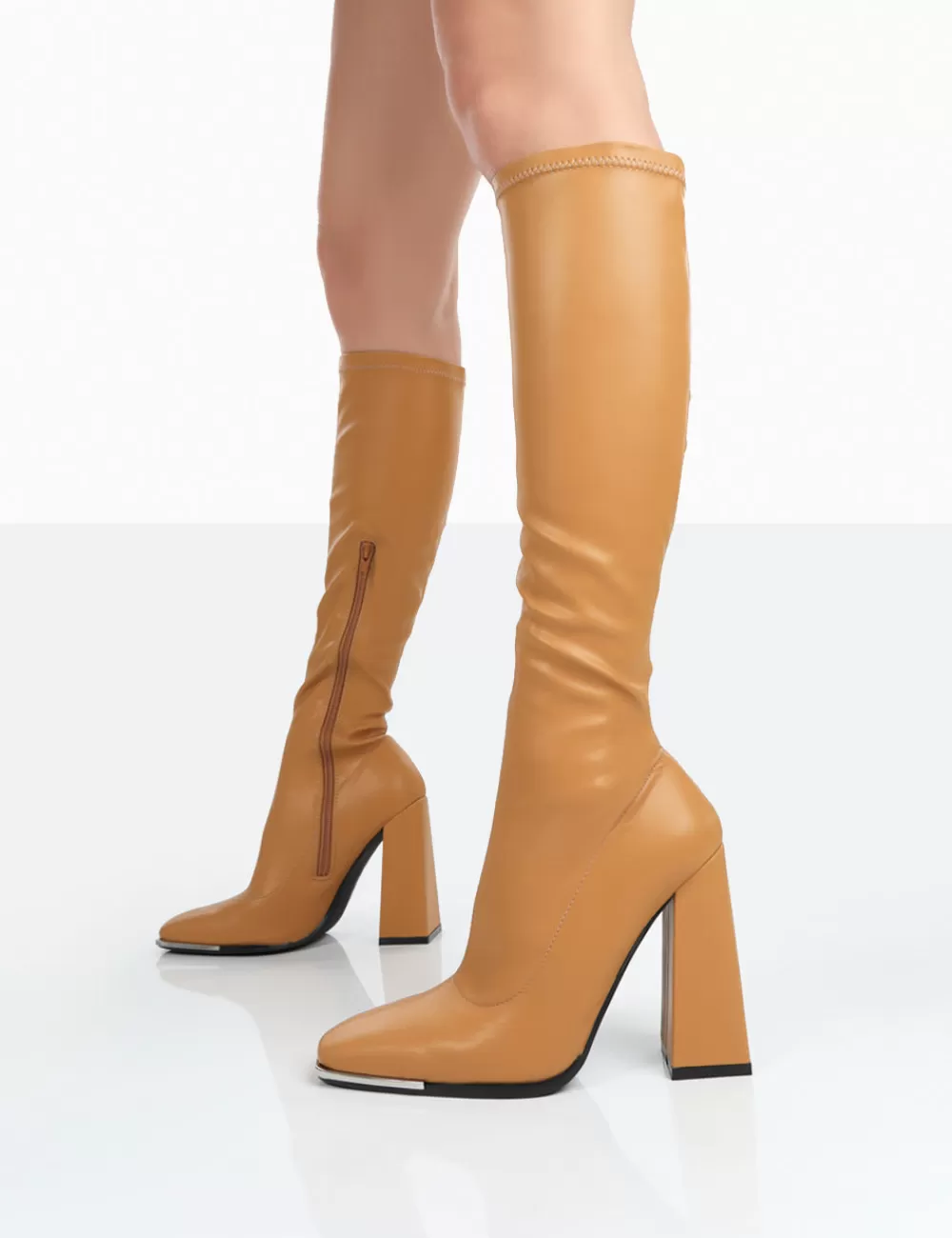 Discount Public Desire Caryn Camel Grain Pu Patent Knee High Block Heeled Boots Brown