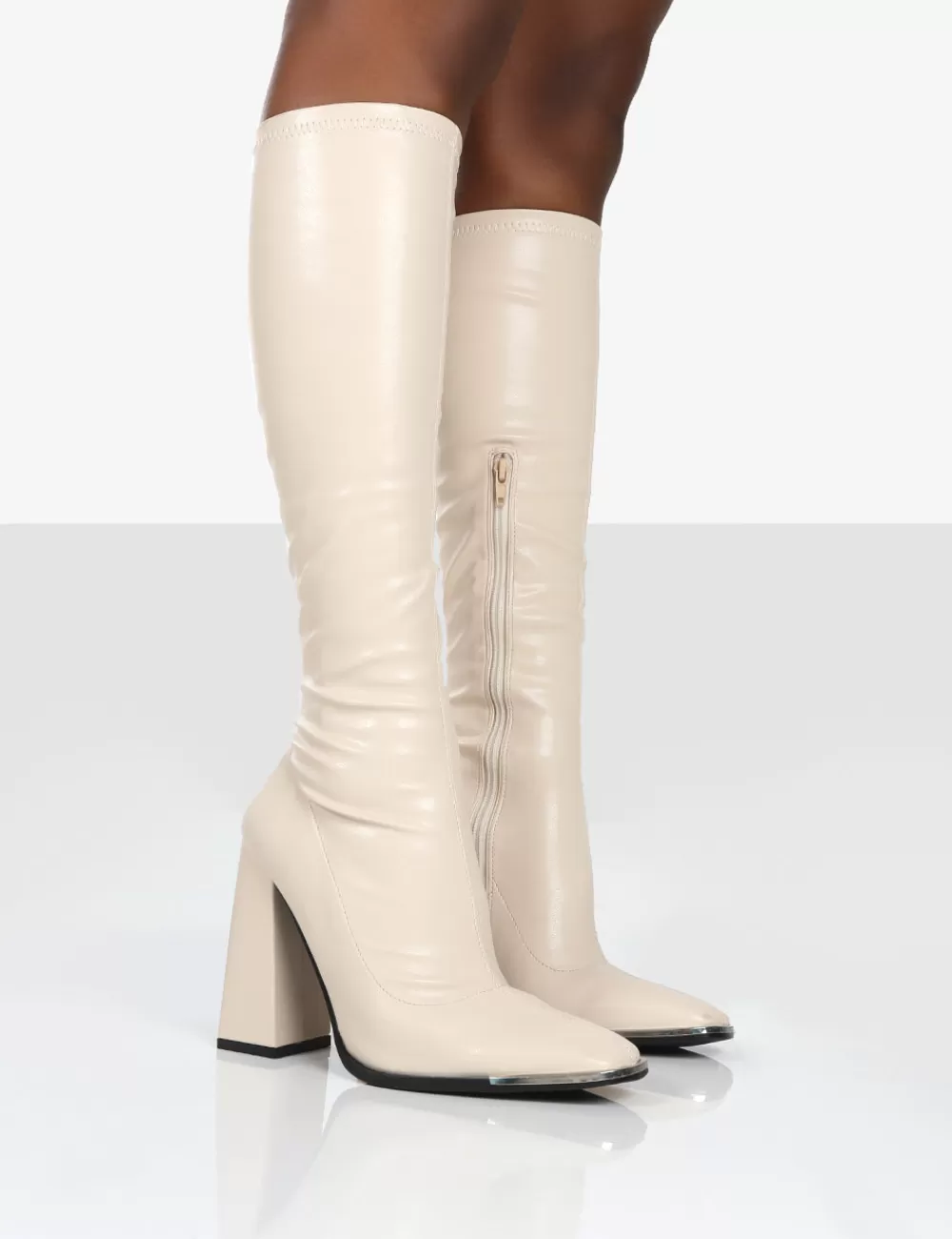 Flash Sale Public Desire Caryn Stone PU Knee High Block Heeled Boots White