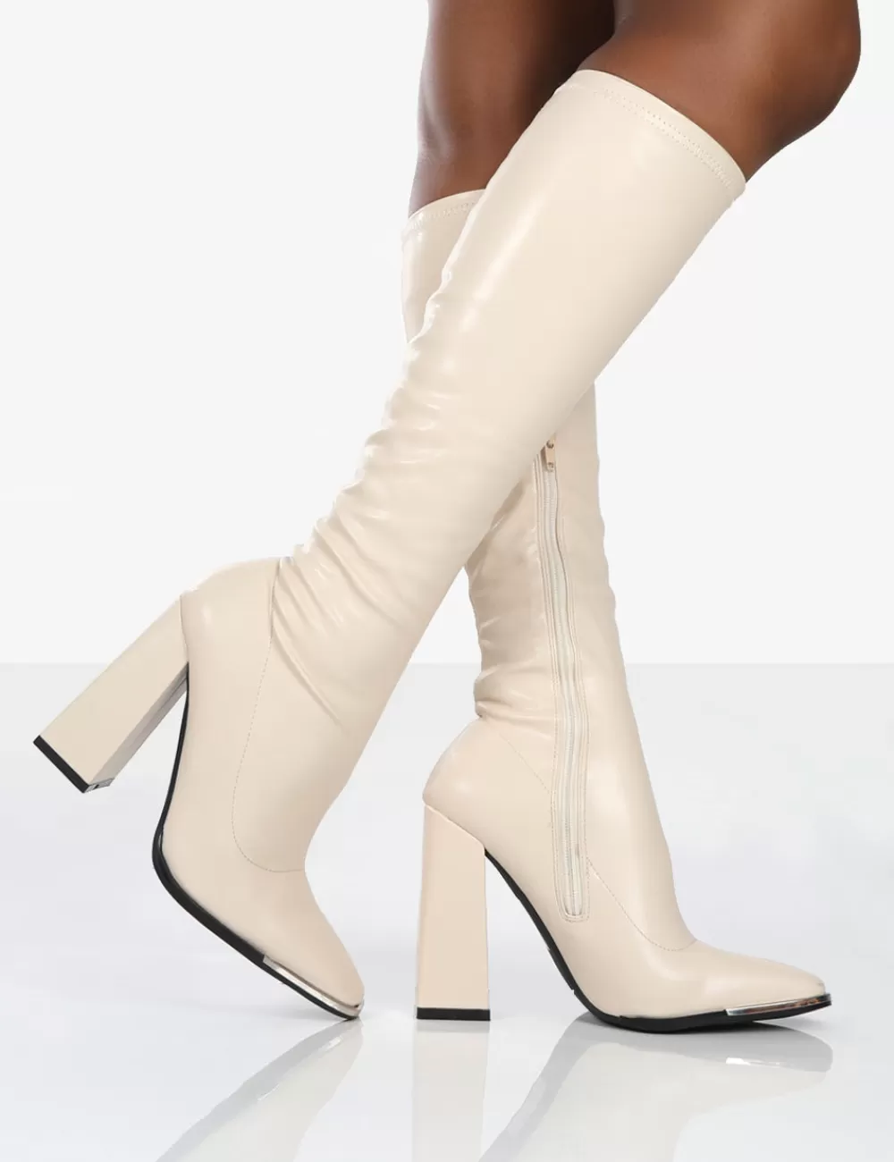 Flash Sale Public Desire Caryn Stone PU Knee High Block Heeled Boots White