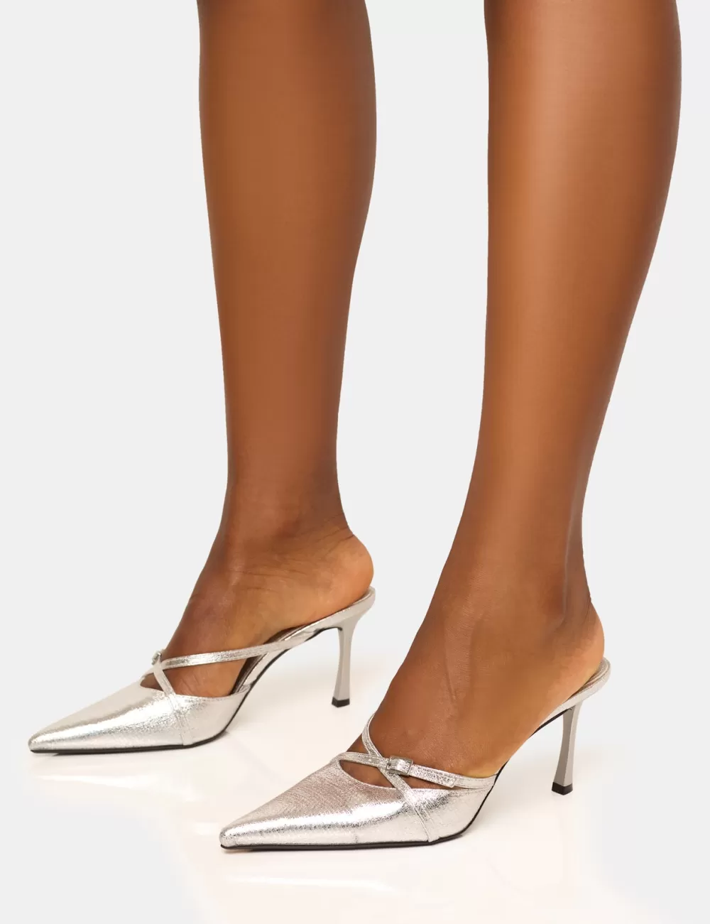 Clearance Public Desire Casanova Cracked Buckle Detail Pointed Toe Mid Heel Mules Silver