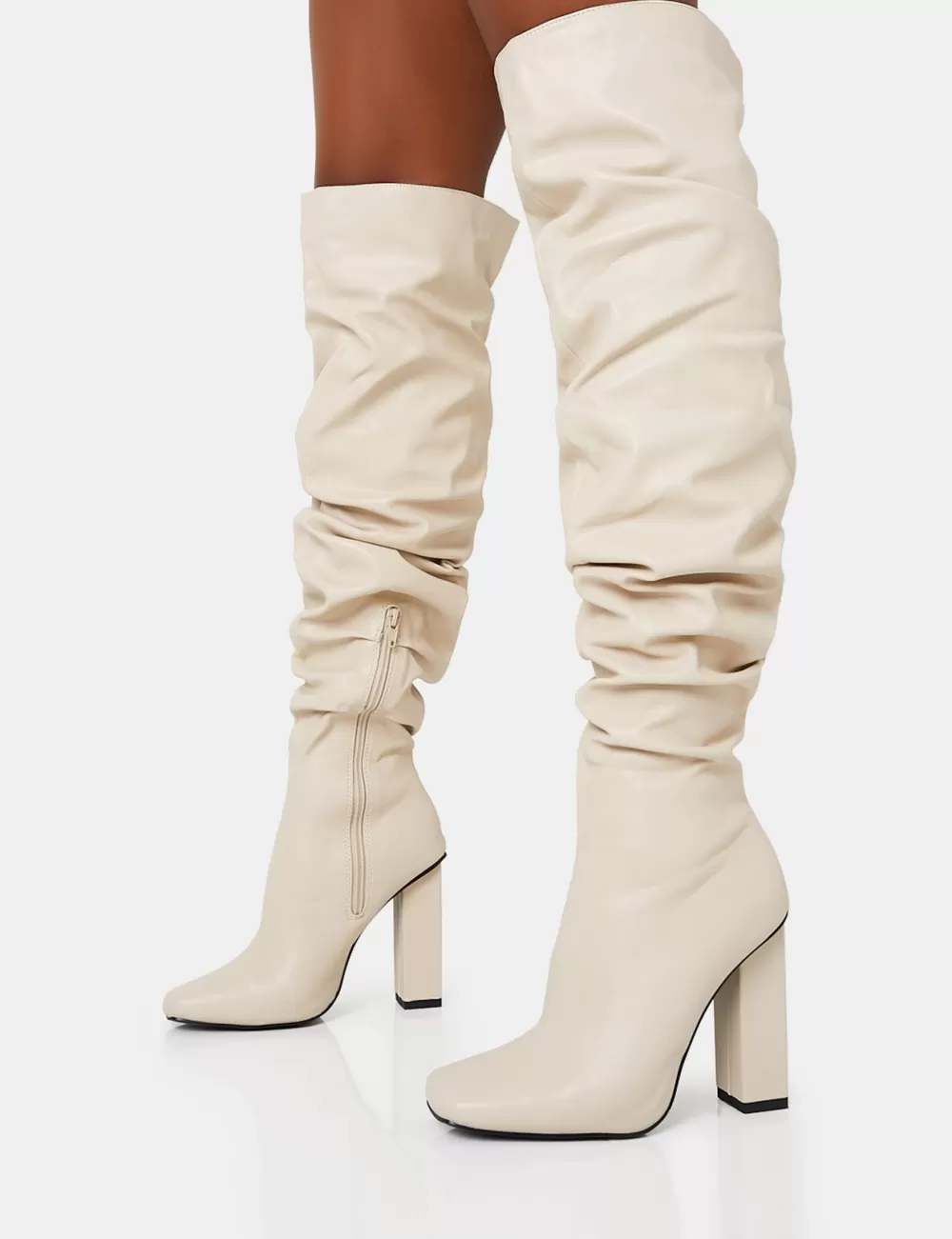 Outlet Public Desire Cassia Square Toe Block Heel Over The Knee Boots Ecru