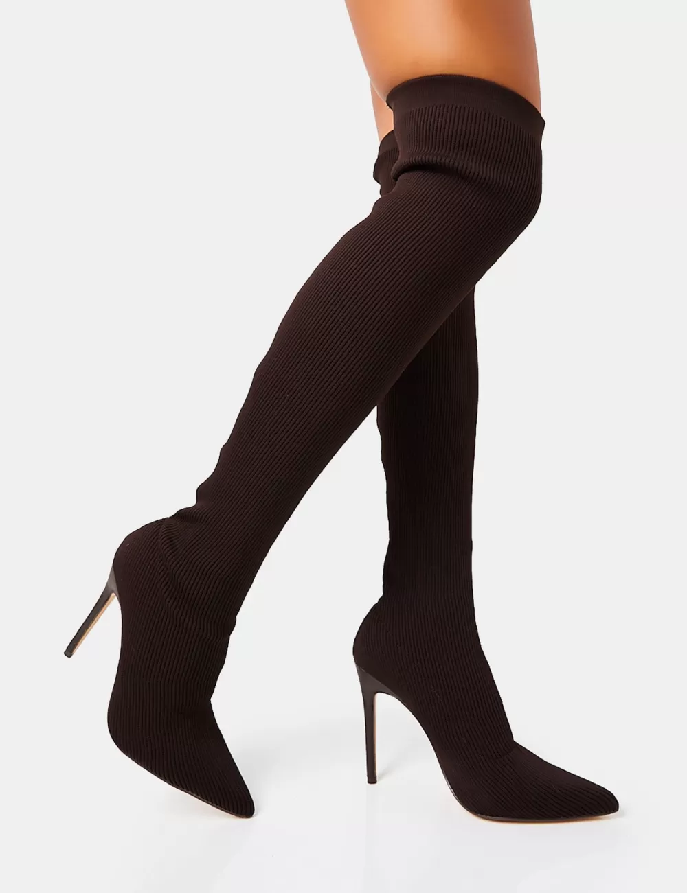 Cheap Public Desire Chateau Chocolate Knitted Sock Stiletto Over The Knee Boots Brown