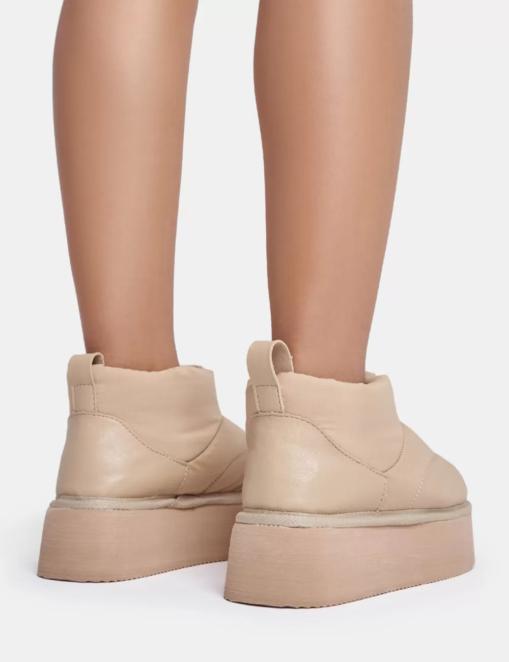 Store Public Desire Chill Out Beige Nylon Puffer Ultra Mini Ankle Platform Boots Neutral
