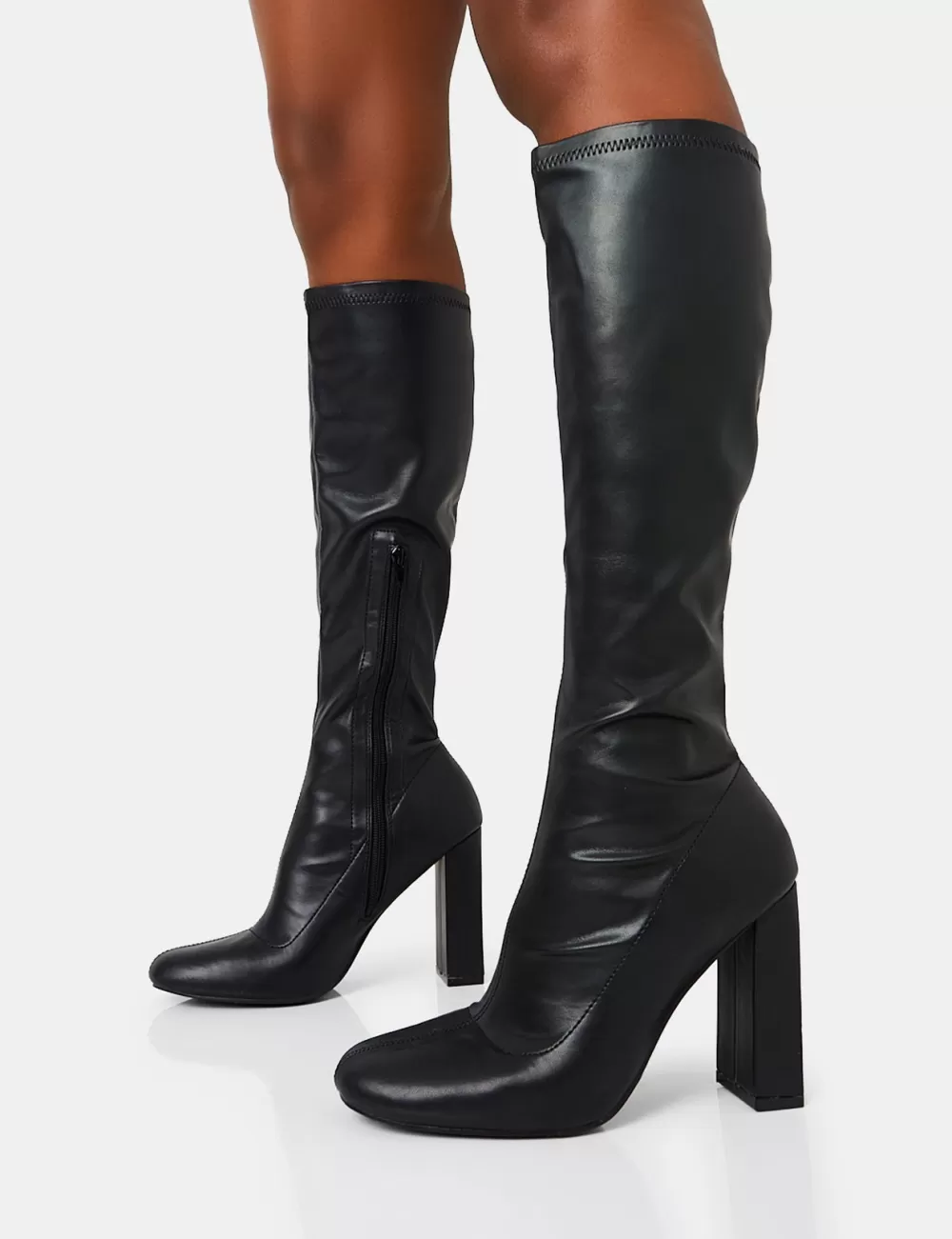 Cheap Public Desire Christina Pu Pointed Toe Block Heel Knee High Boots Black