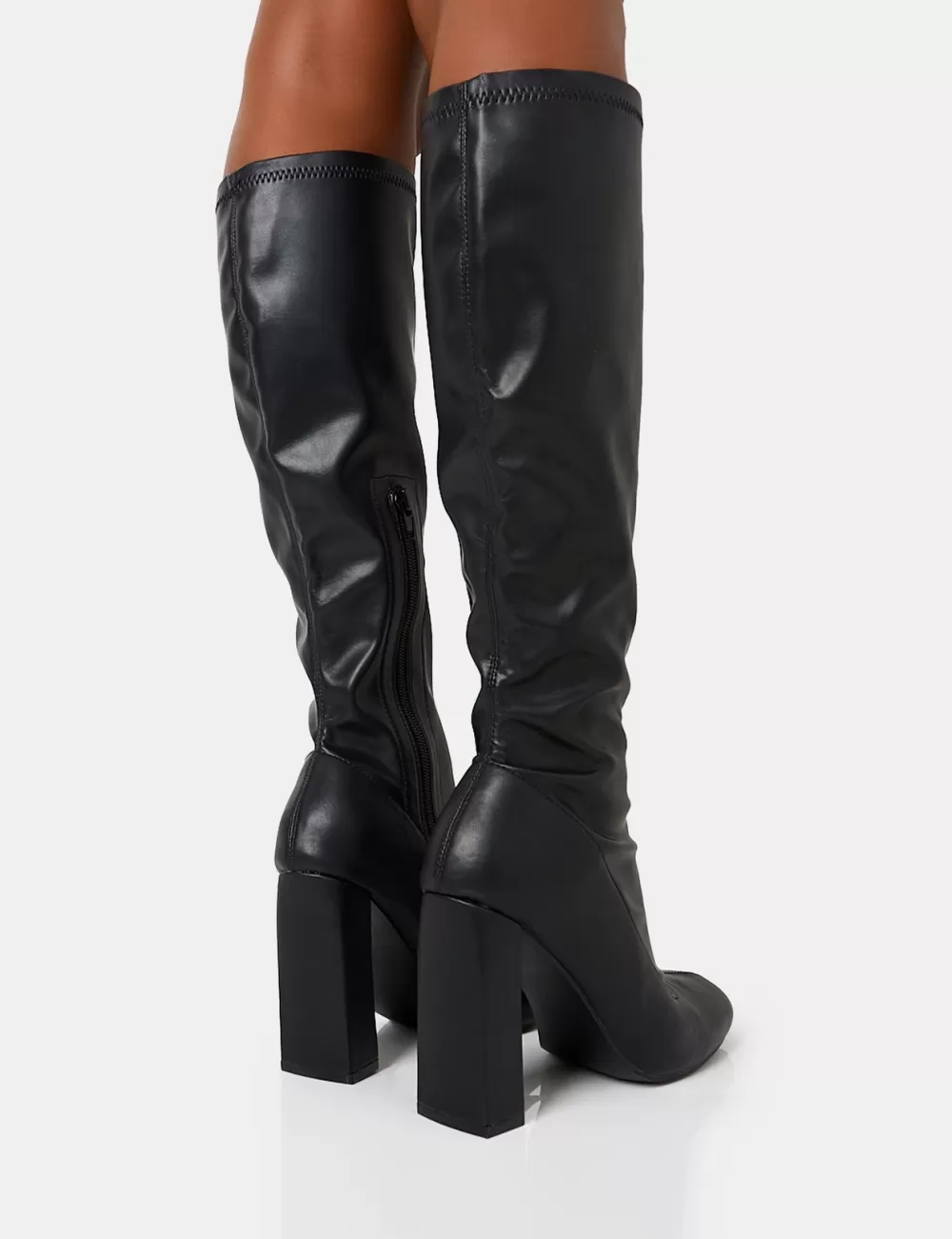 Cheap Public Desire Christina Pu Pointed Toe Block Heel Knee High Boots Black
