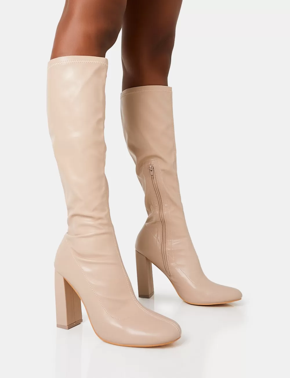 Best Sale Public Desire Christina Nude Pu Pointed Toe Block Heel Knee High Boots Neutral