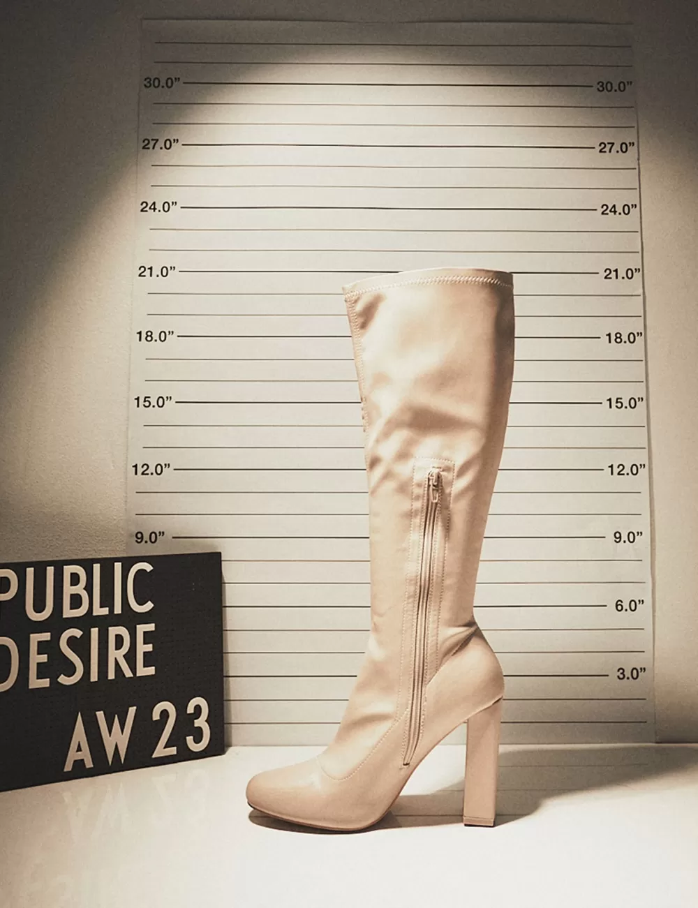 Best Sale Public Desire Christina Nude Pu Pointed Toe Block Heel Knee High Boots Neutral