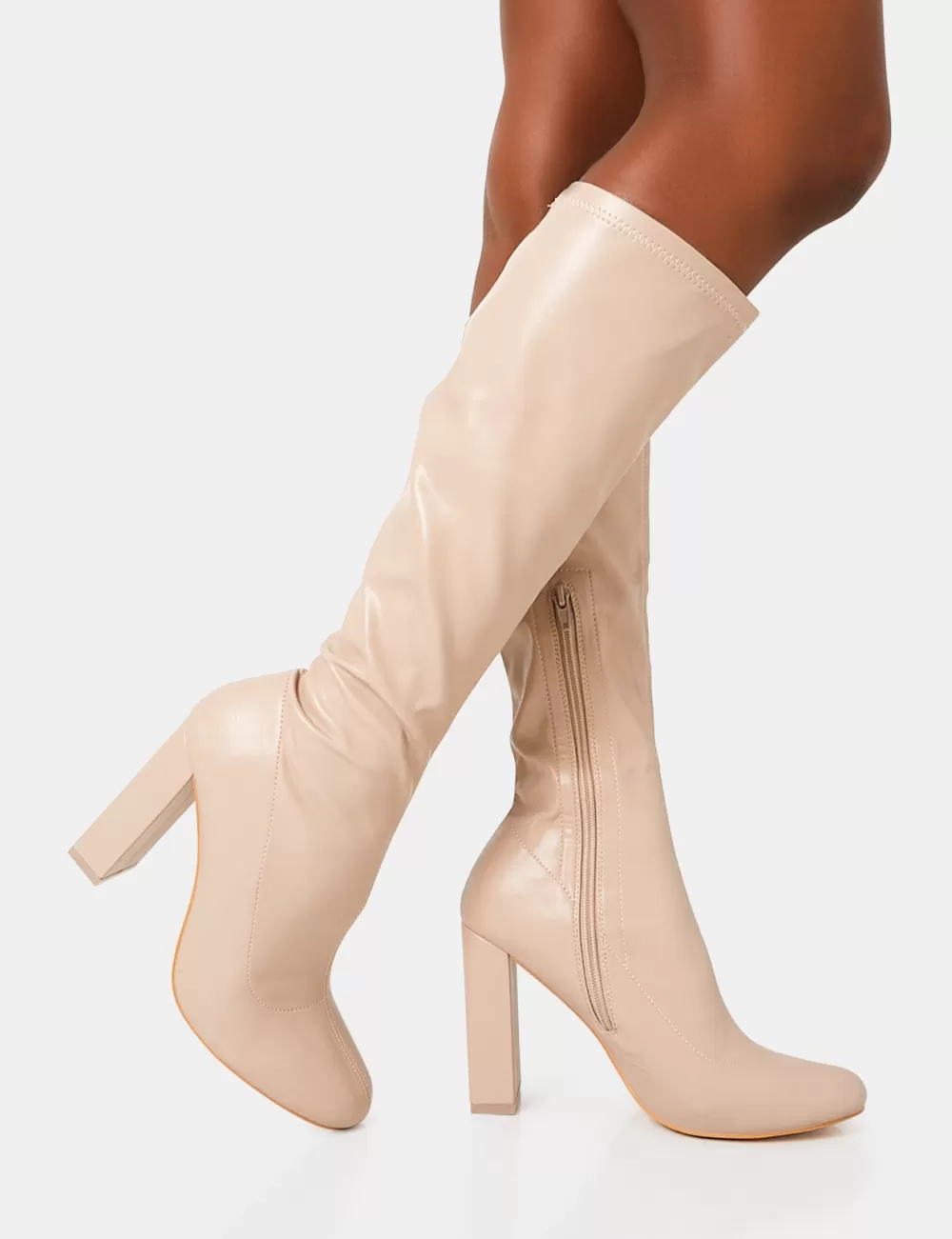 Best Sale Public Desire Christina Nude Pu Pointed Toe Block Heel Knee High Boots Neutral