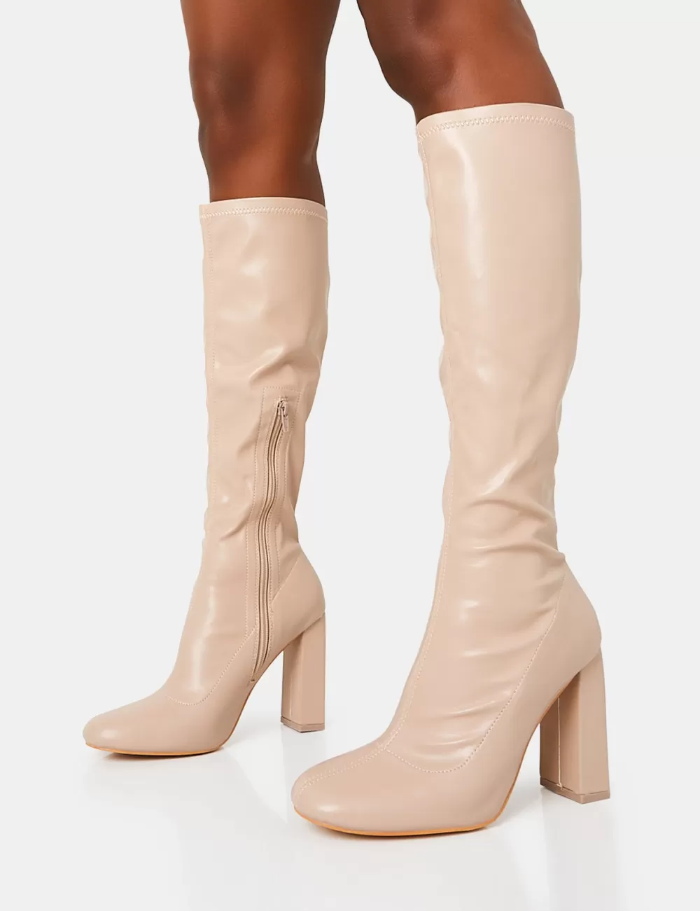 Best Sale Public Desire Christina Nude Pu Pointed Toe Block Heel Knee High Boots Neutral