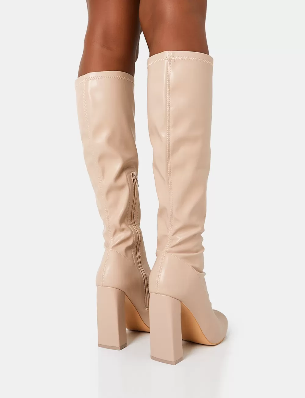 Best Sale Public Desire Christina Nude Pu Pointed Toe Block Heel Knee High Boots Neutral