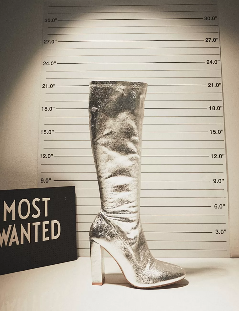 Hot Public Desire Christina Grain Pointed Toe Block Heel Knee High Boots Silver