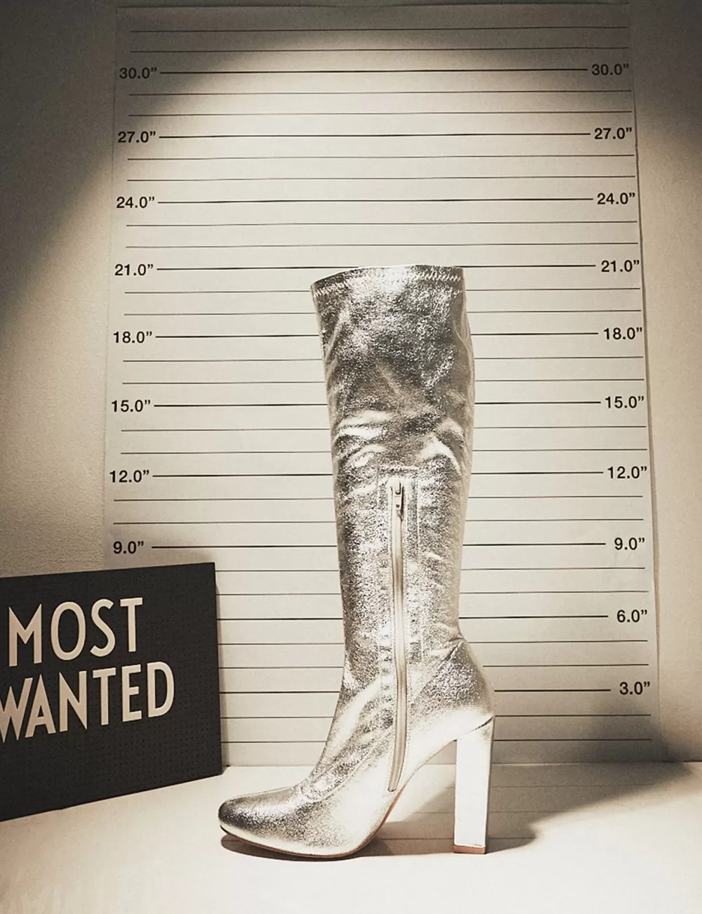 Hot Public Desire Christina Grain Pointed Toe Block Heel Knee High Boots Silver