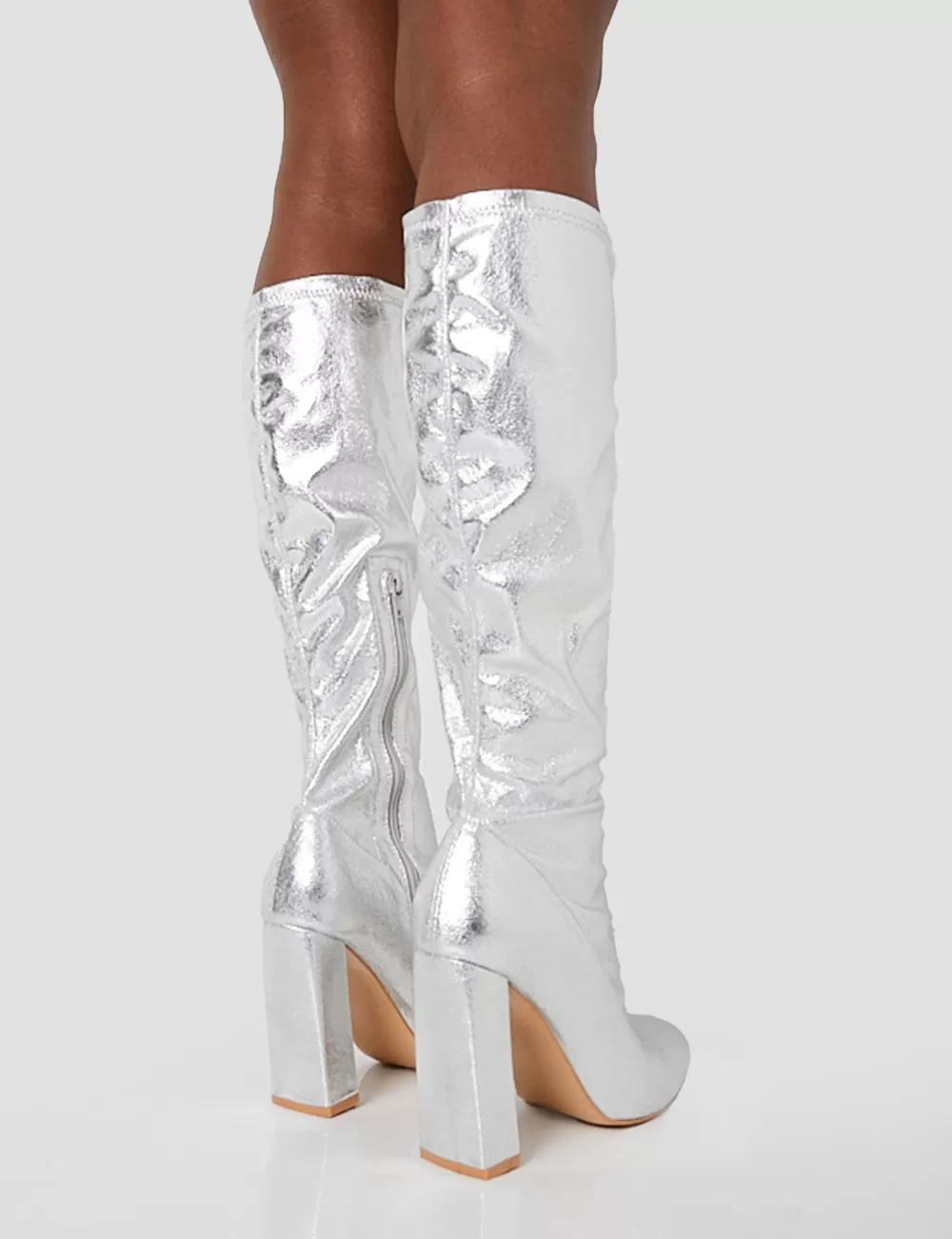 Hot Public Desire Christina Grain Pointed Toe Block Heel Knee High Boots Silver