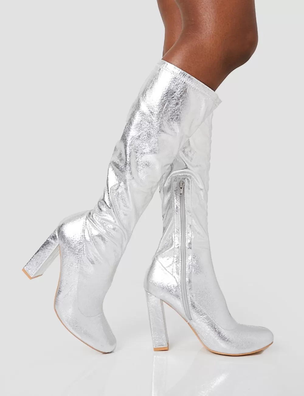 Hot Public Desire Christina Grain Pointed Toe Block Heel Knee High Boots Silver