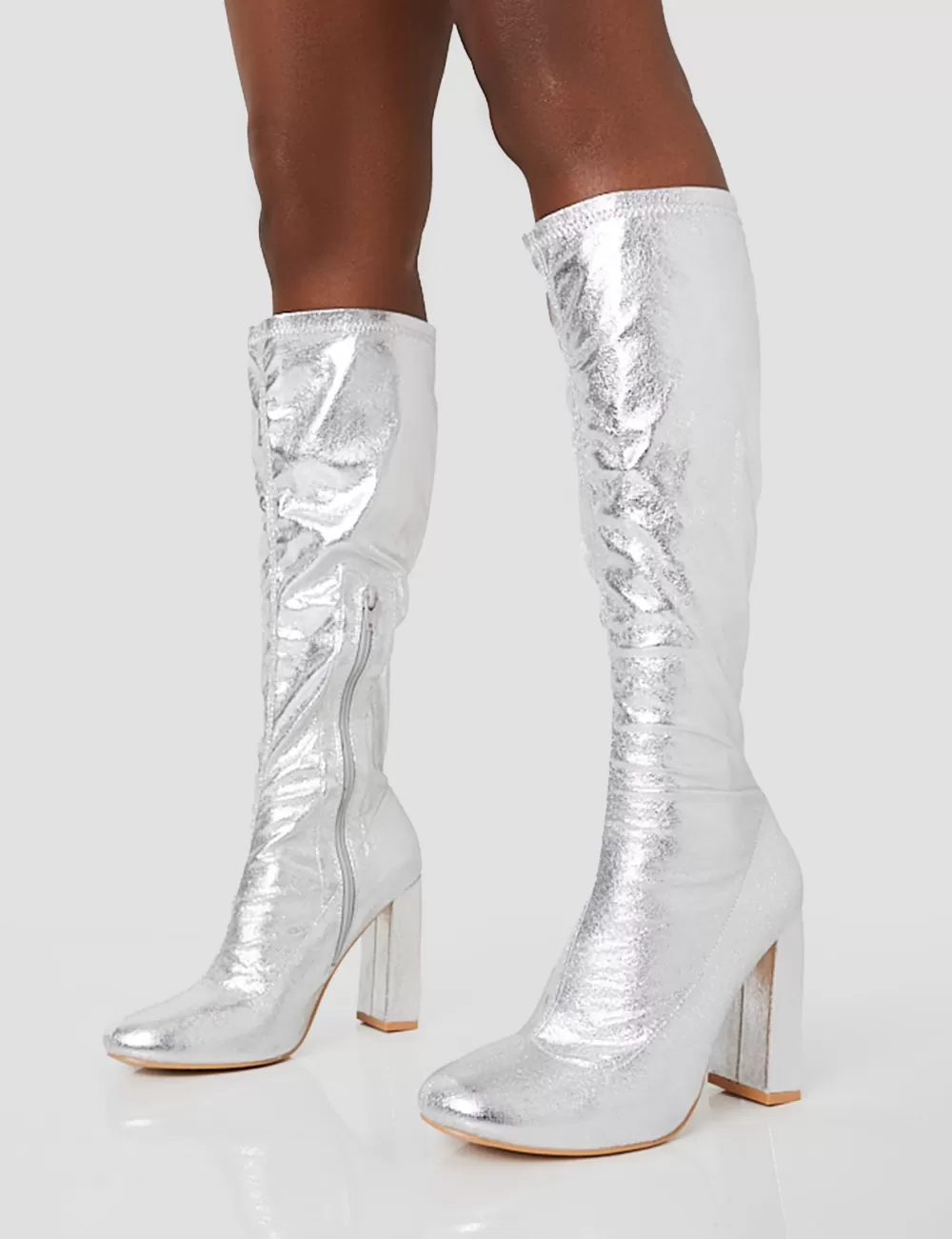 Hot Public Desire Christina Grain Pointed Toe Block Heel Knee High Boots Silver
