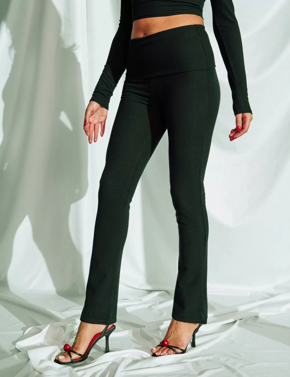 Cheap Public Desire Chunky Rib Foldover Straight Leg Pants Black