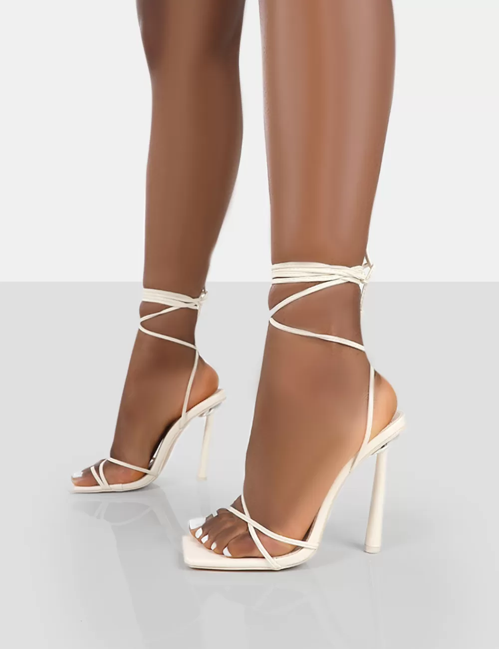 Fashion Public Desire Ci Ci Pu Square Toe Lace Up Stiletto Heels Ecru
