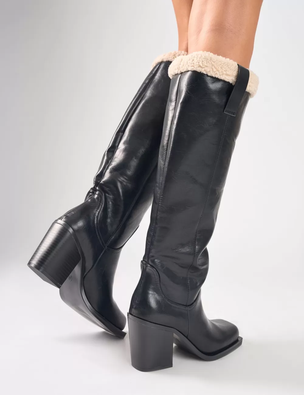 Hot Public Desire Colden Vintage Fur Trim Block Heel Knee High Boots Black