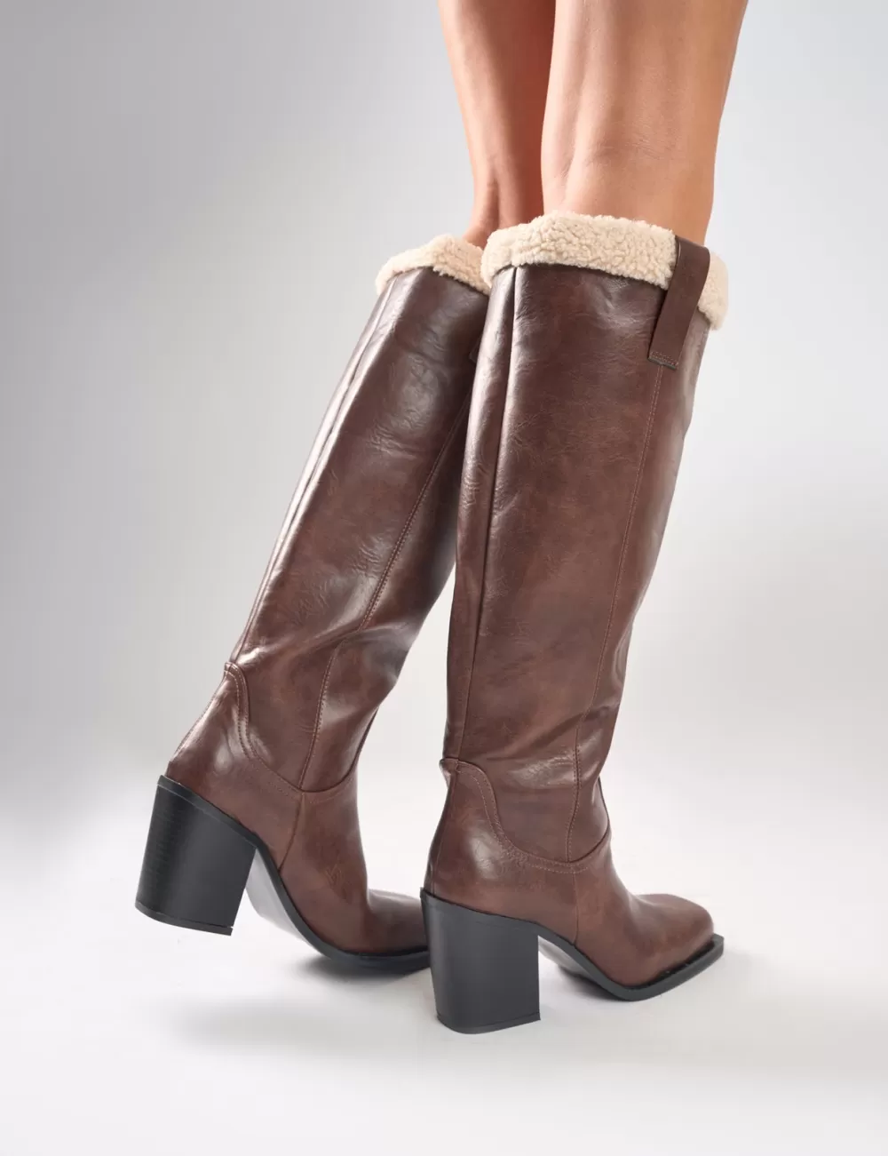 Store Public Desire Colden Vintage Fur Trim Block Heel Knee High Boots Brown
