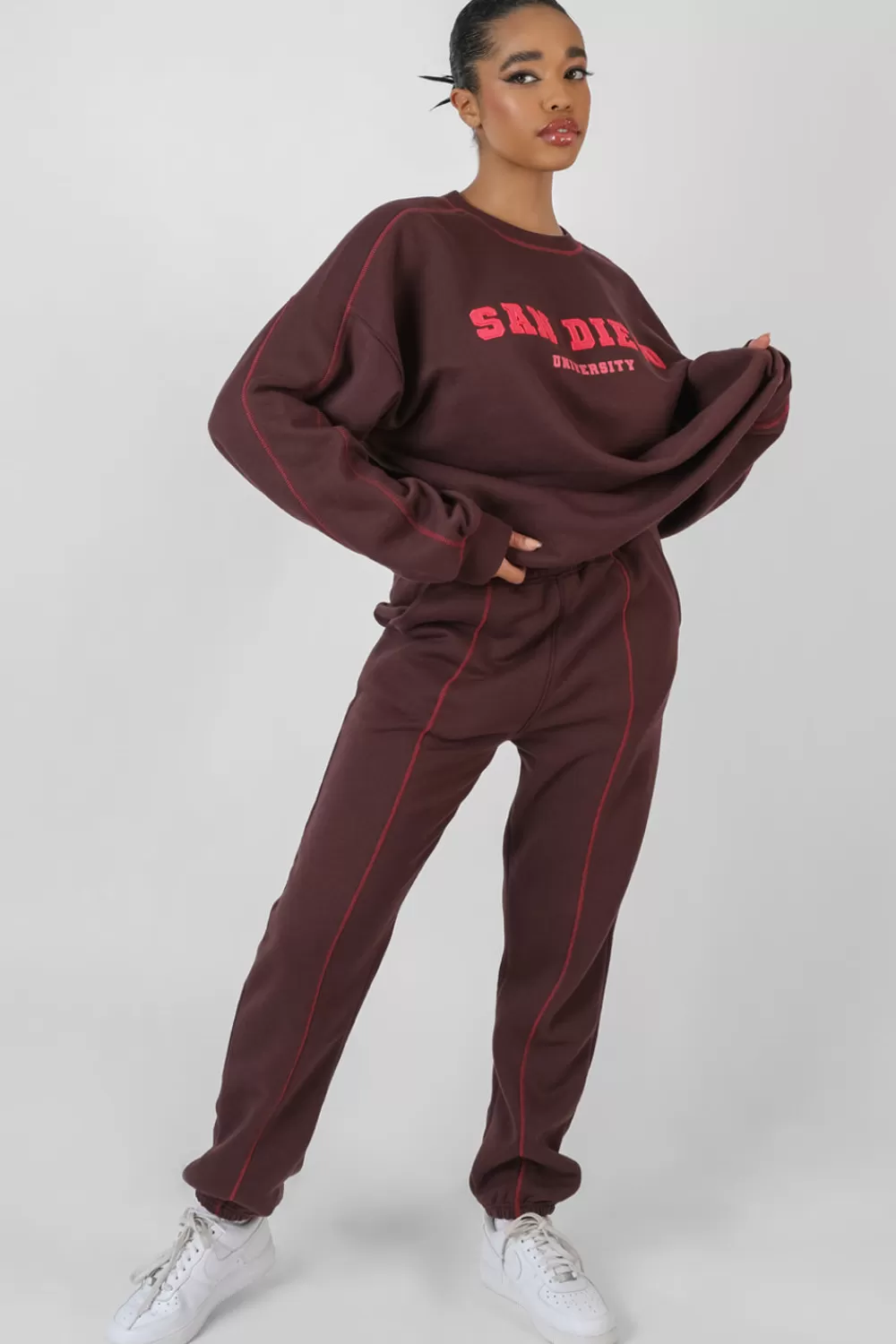 Clearance Public Desire Contrast Stitch 90'S Joggers Aubergine Burgundy