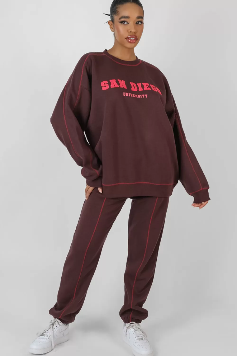 Clearance Public Desire Contrast Stitch 90'S Joggers Aubergine Burgundy