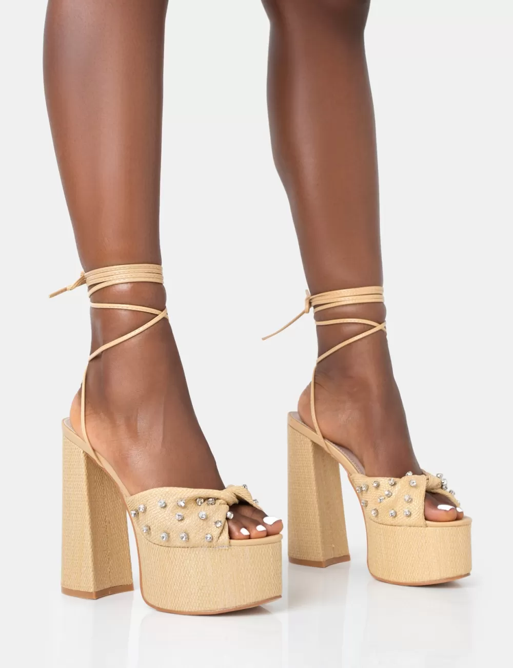 New Public Desire Crete Raffia Diamante Twist Strap Lace Up Platform Block Heels