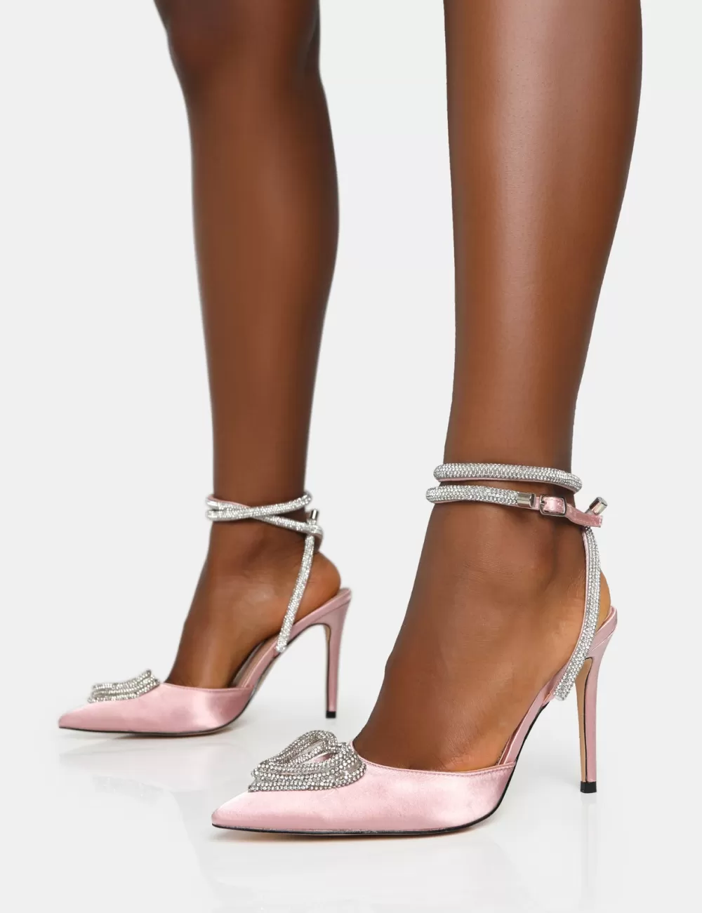 Hot Public Desire Cupid Baby Satin Diamante Wrap Around Pointed Stiletto Heels Pink