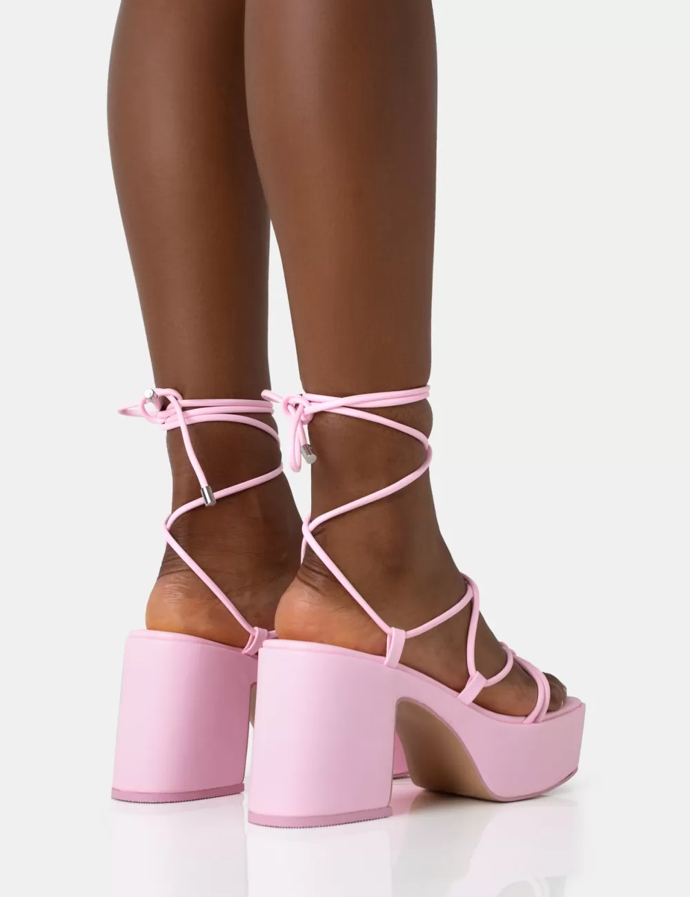 Fashion Public Desire Darcy Baby Strappy Lace Up Square Toe Mid Flatform Heels Pink