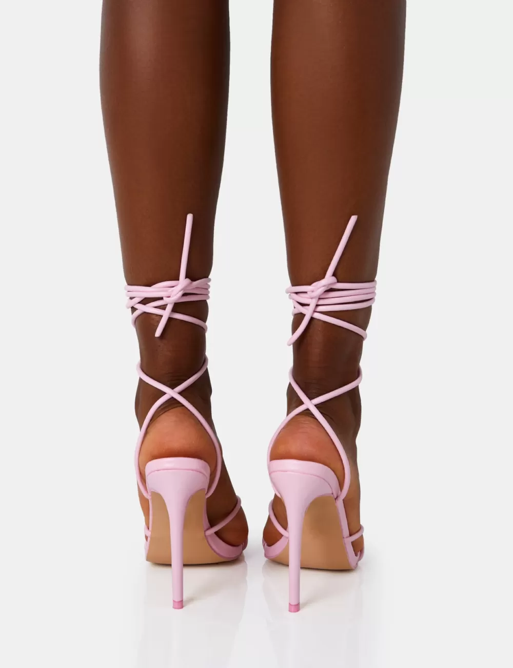 Best Sale Public Desire Dax Baby Pu Barely There Lace Up Square Toe Stiletto Heels Pink