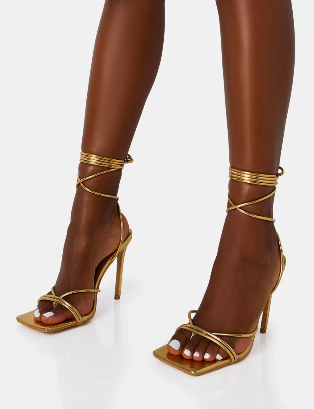 Sale Public Desire Dax PU Barely There Lace Up Square Toe Stiletto Heels Gold