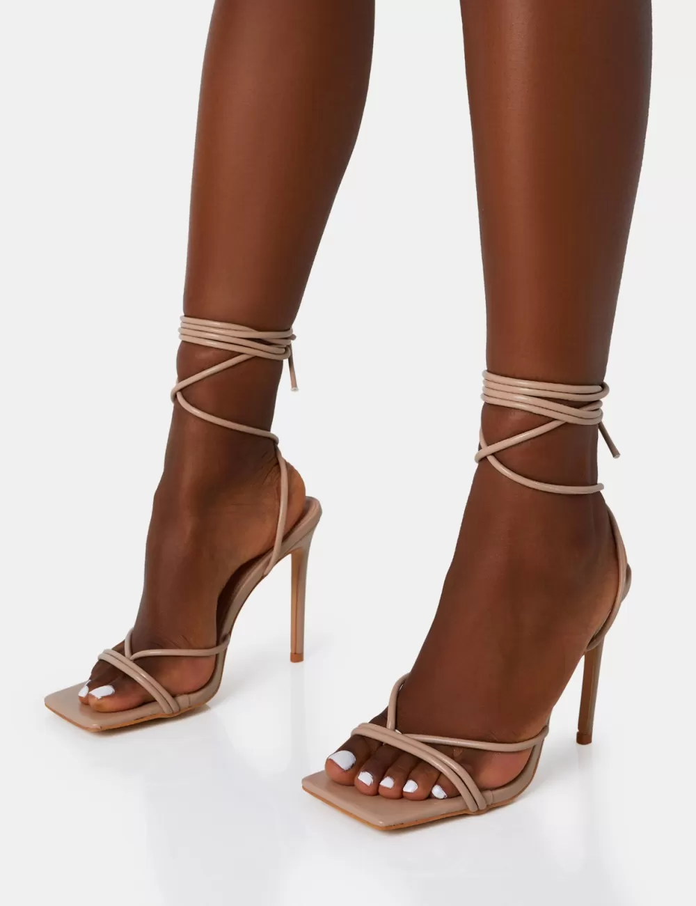 Flash Sale Public Desire Dax Nude PU Barely There Lace Up Square Toe Stiletto Heels Neutral