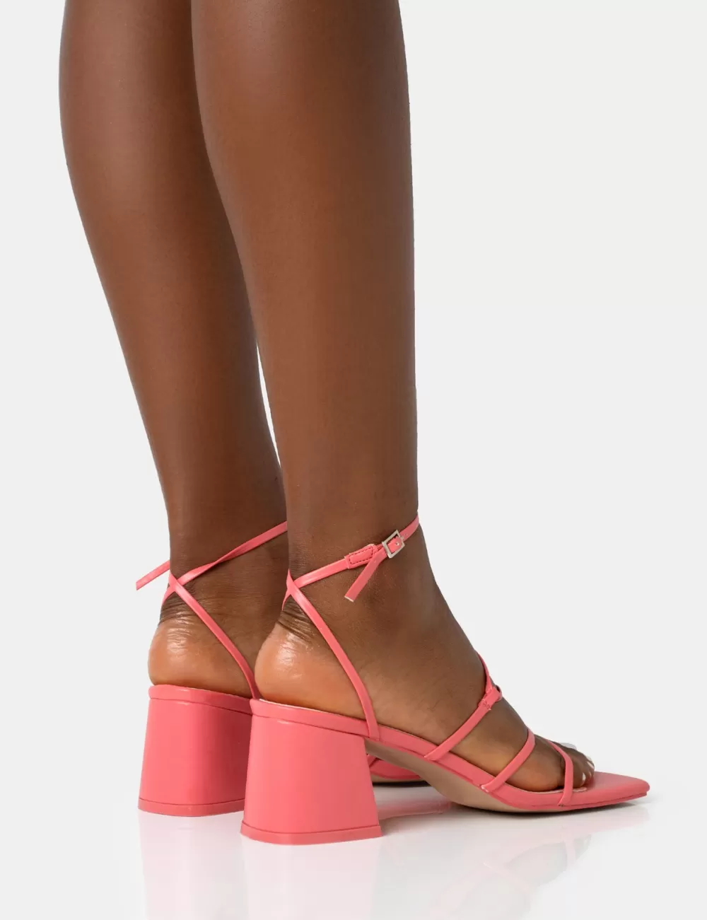 Outlet Public Desire Dayla Coral PU Strappy Square Toe Block Mid Heel Sandals Orange