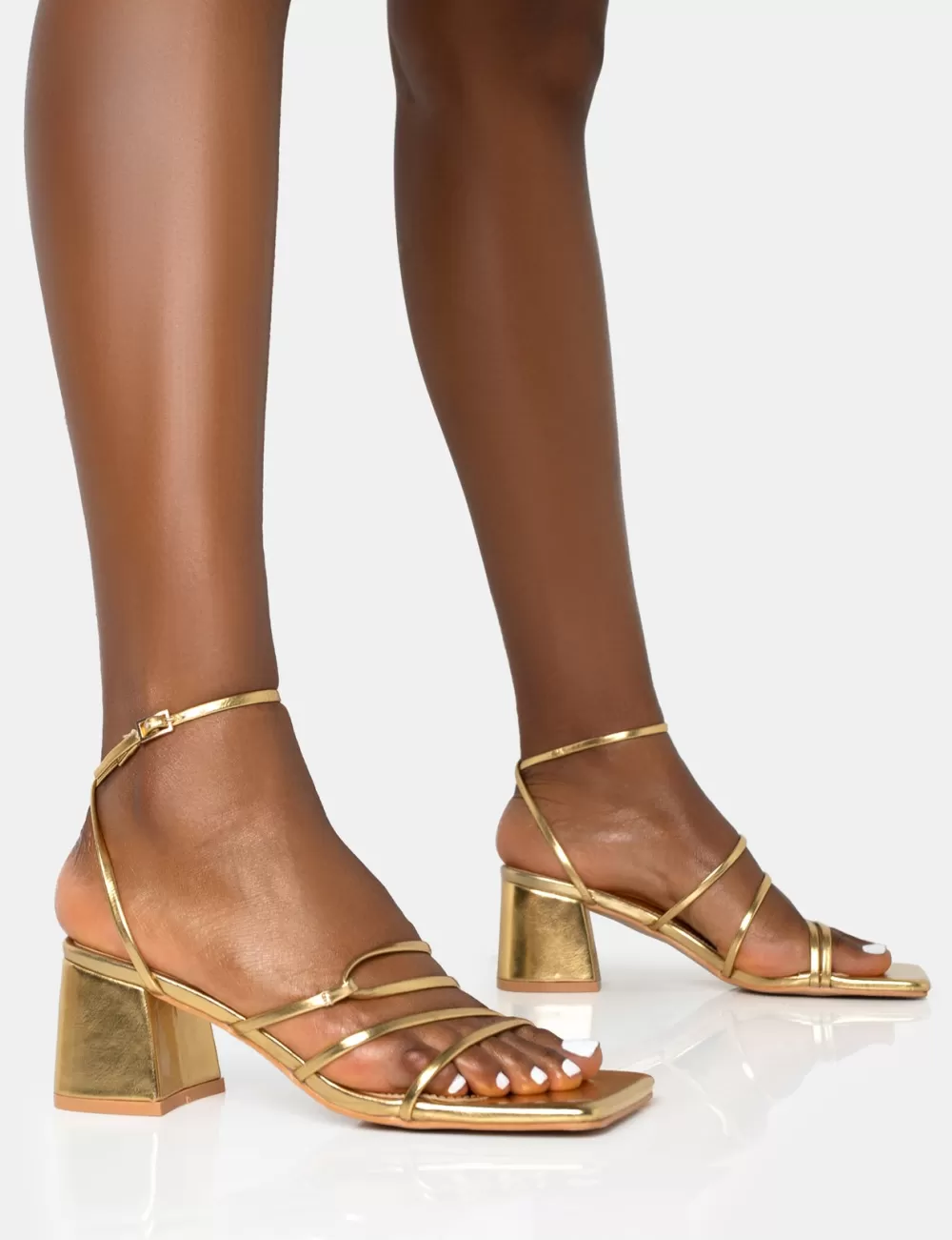 Clearance Public Desire Dayla Strappy Square Toe Block Mid Heel Sandals Gold