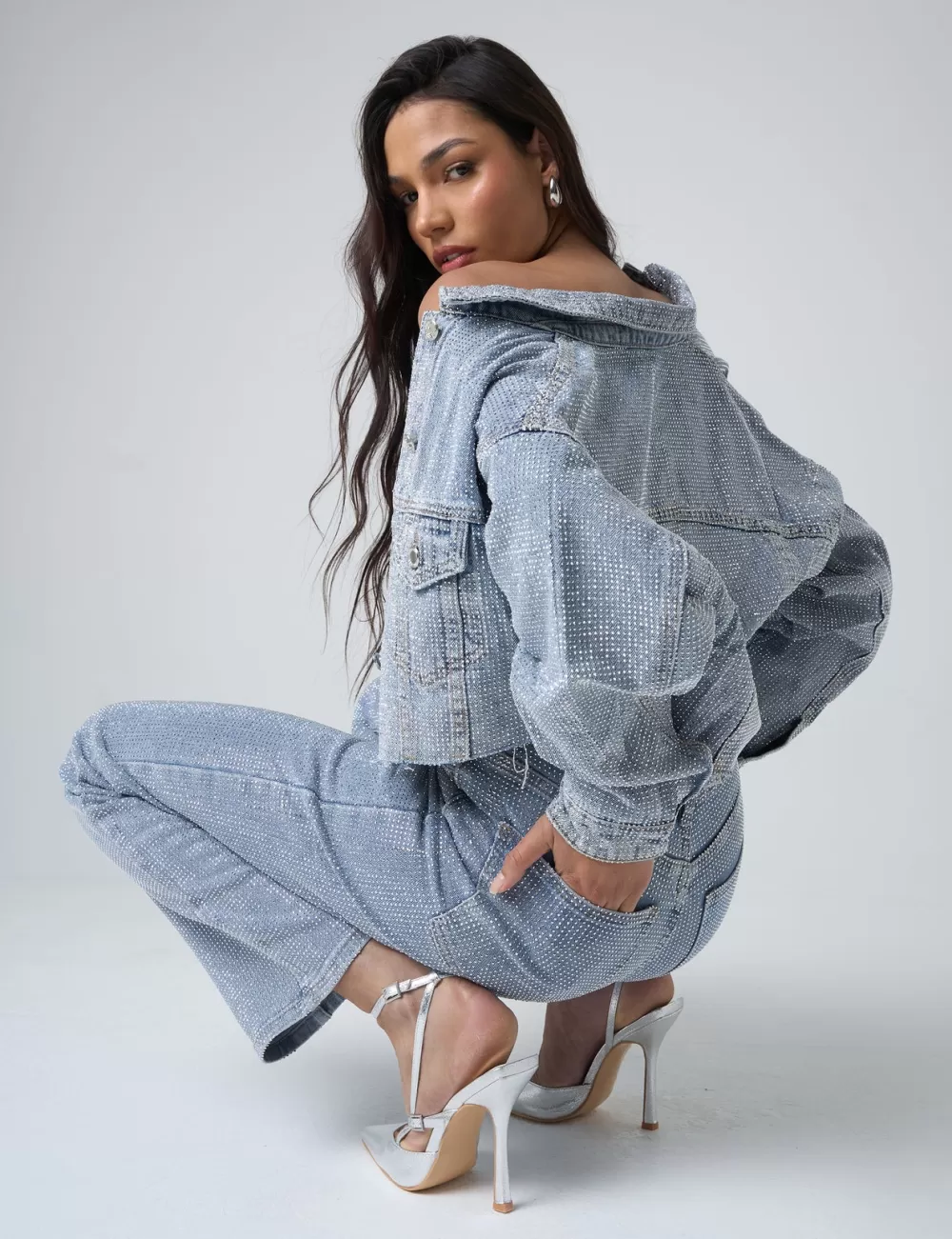 Fashion Public Desire Diamante Denim Cropped Jacket Blue