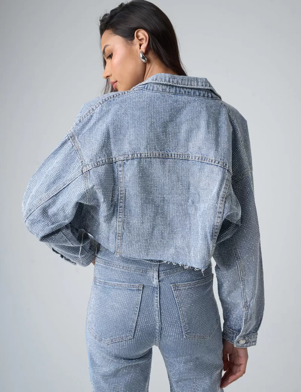 Fashion Public Desire Diamante Denim Cropped Jacket Blue