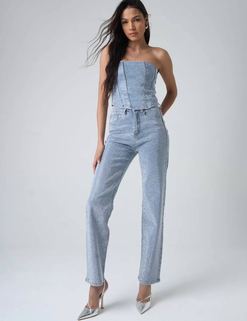 Cheap Public Desire Diamante Straight Fit High Rise Denim Jeans Blue