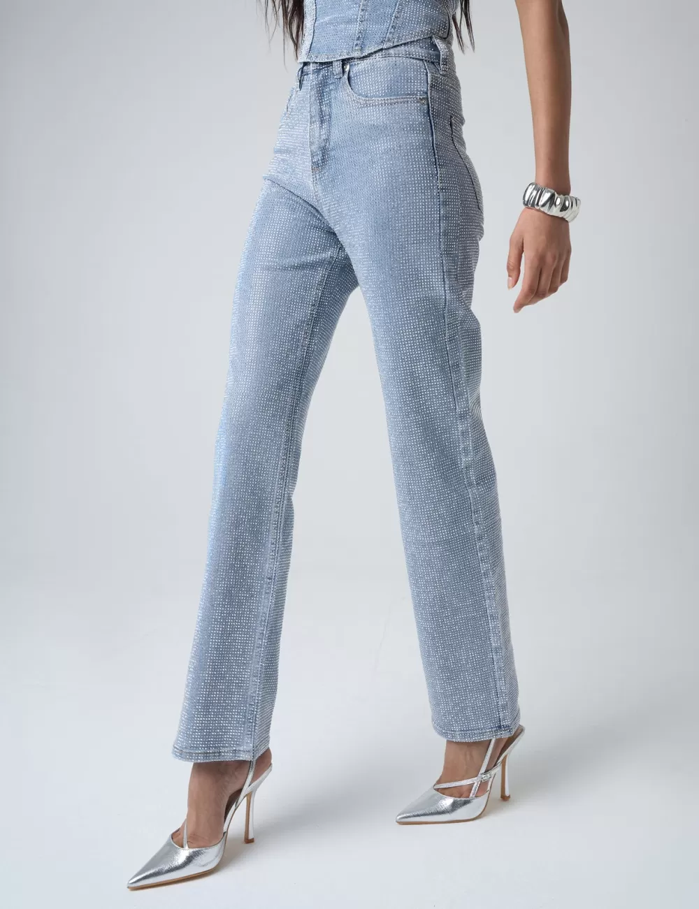 Cheap Public Desire Diamante Straight Fit High Rise Denim Jeans Blue