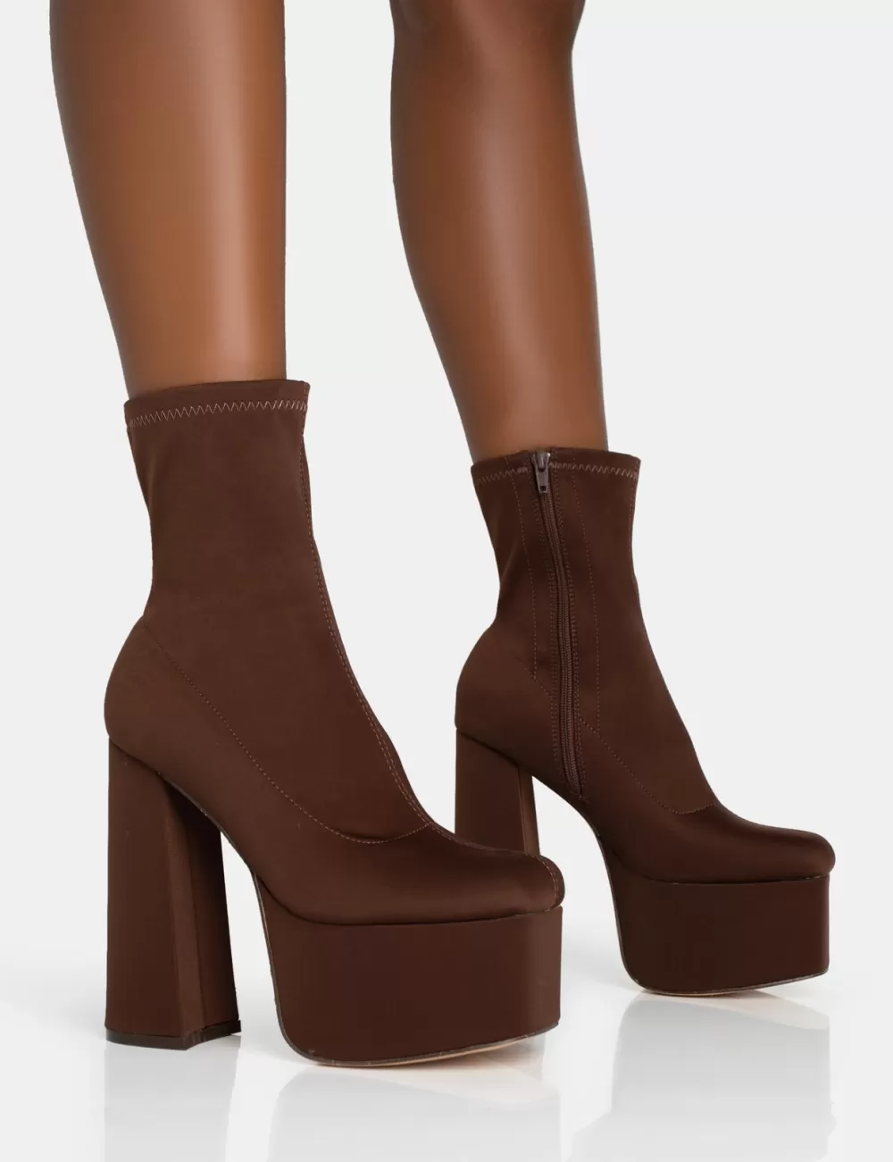 Cheap Public Desire Dominate Chocolate Nylon Platform Rounded Block Heeled Ankle Boots Brown