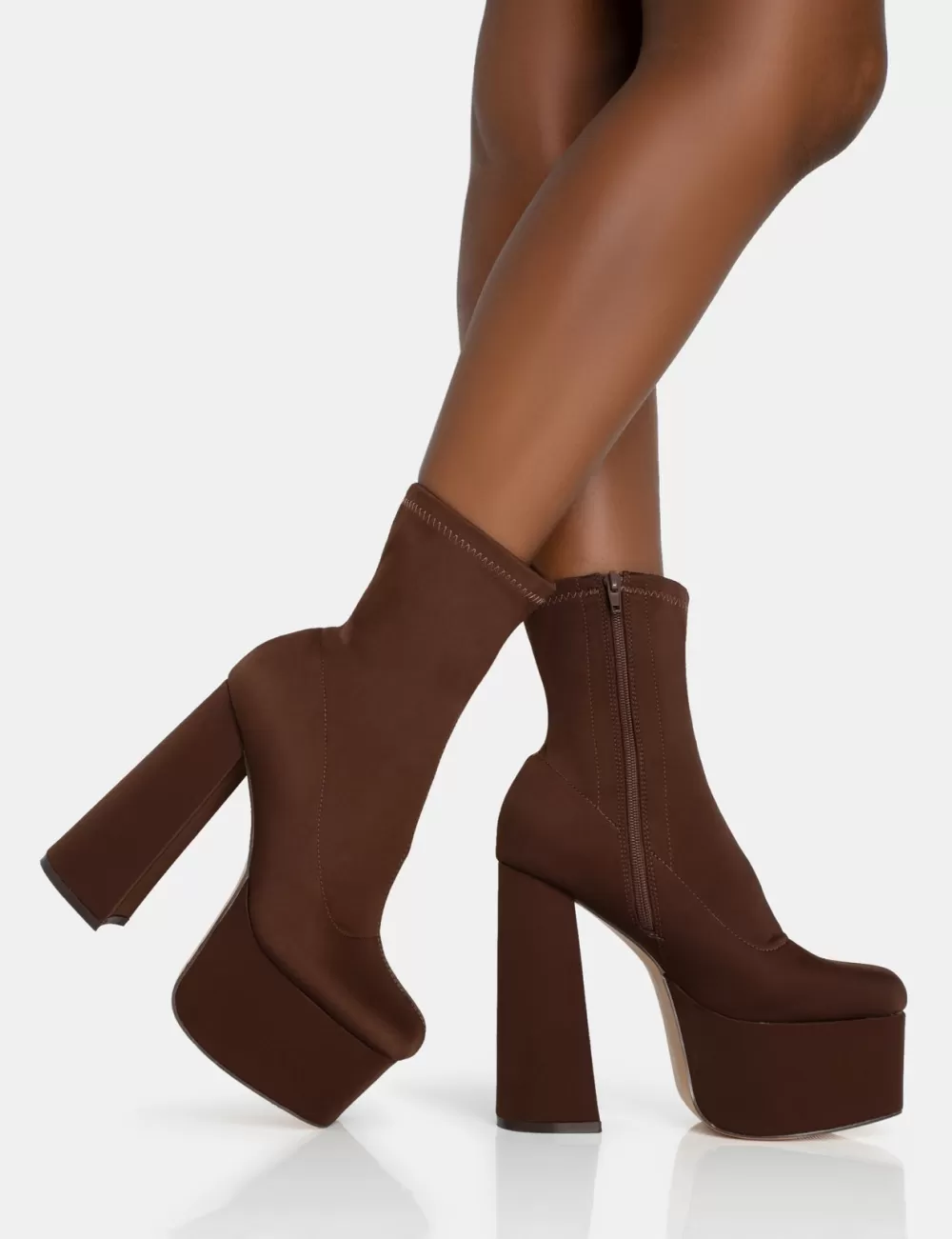 Cheap Public Desire Dominate Chocolate Nylon Platform Rounded Block Heeled Ankle Boots Brown
