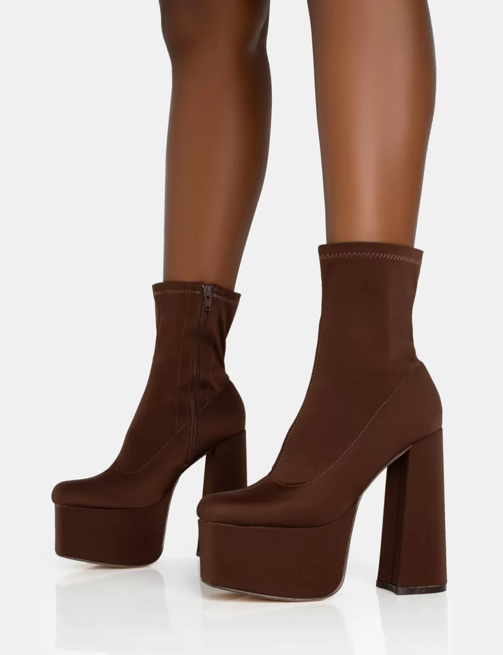 Cheap Public Desire Dominate Chocolate Nylon Platform Rounded Block Heeled Ankle Boots Brown