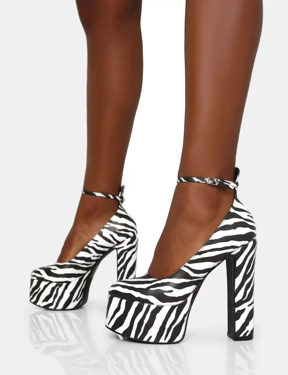 Cheap Public Desire Donatella Zebra Print Ankle Strap Rounded Toe Platform Block Heels Multi