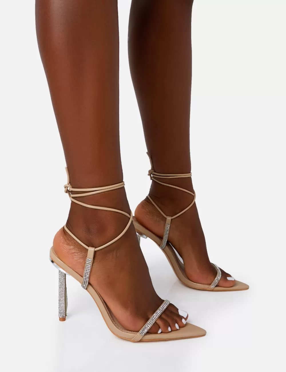 Store Public Desire Dream Nude Pu Strappy Diamante Heel Detail Pointed Toe Stilettos Neutral