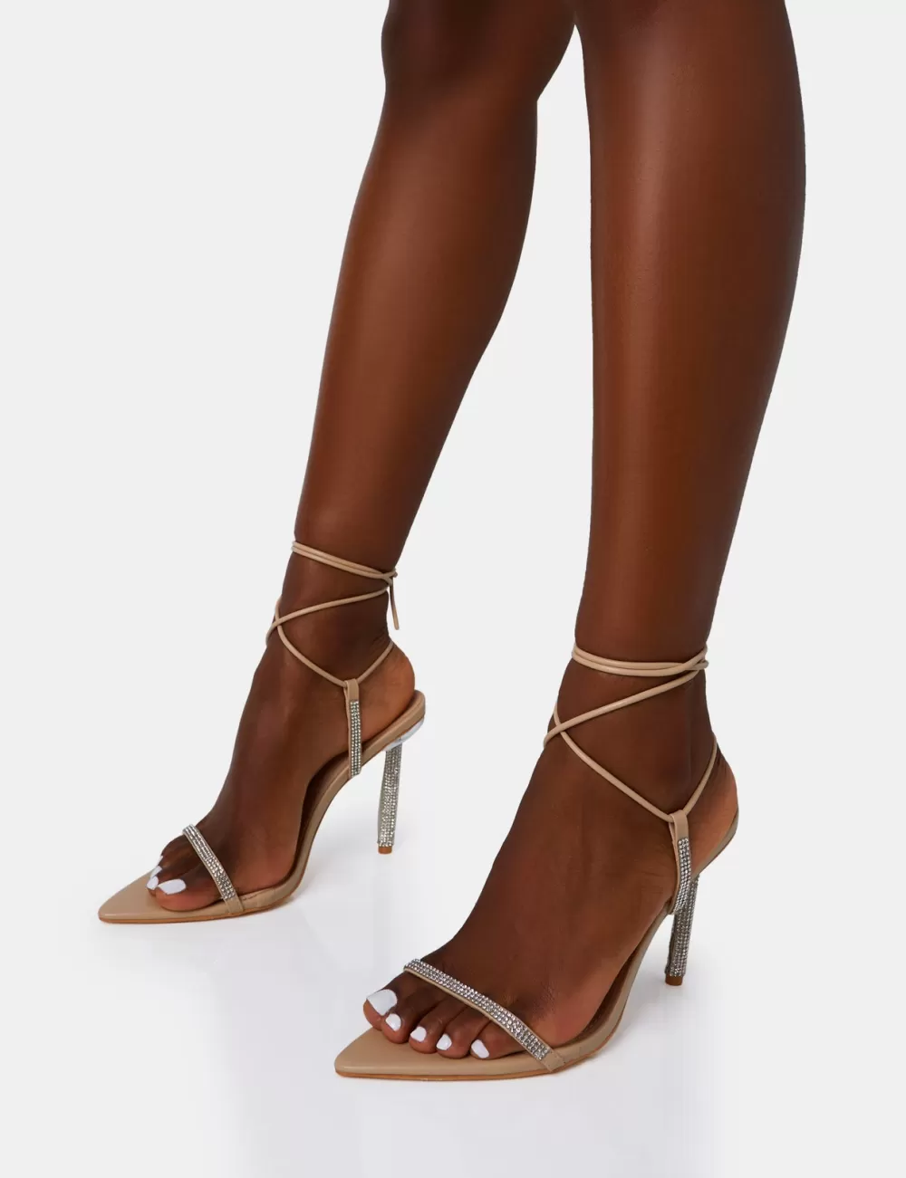 Store Public Desire Dream Nude Pu Strappy Diamante Heel Detail Pointed Toe Stilettos Neutral