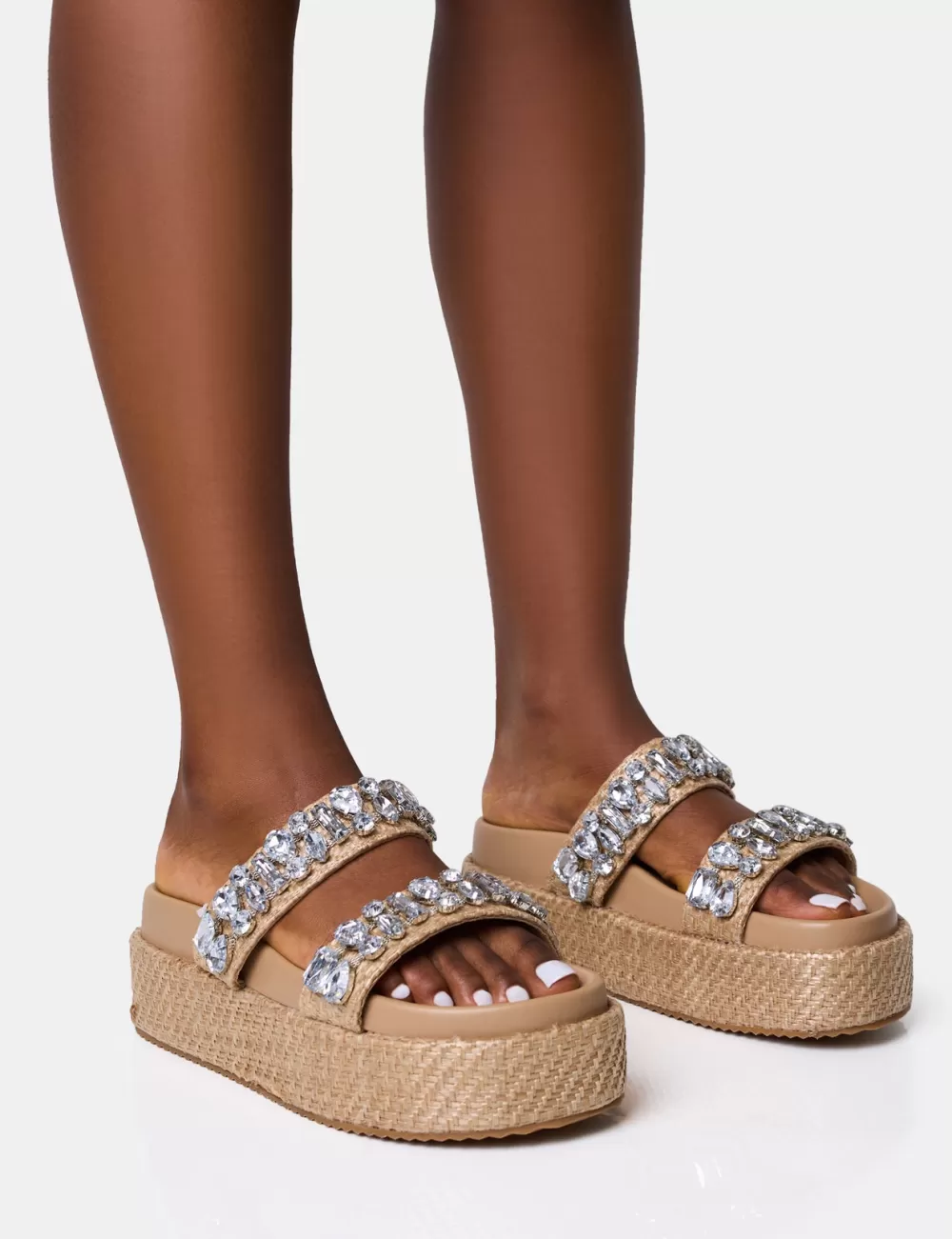 Best Public Desire Duchess Natural Raffia Double Strap Platform Slider Sandals