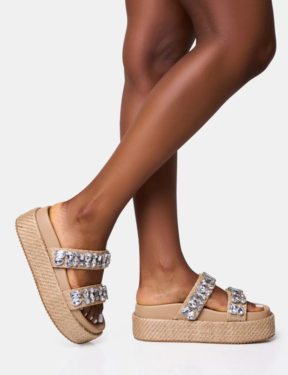 Best Public Desire Duchess Natural Raffia Double Strap Platform Slider Sandals