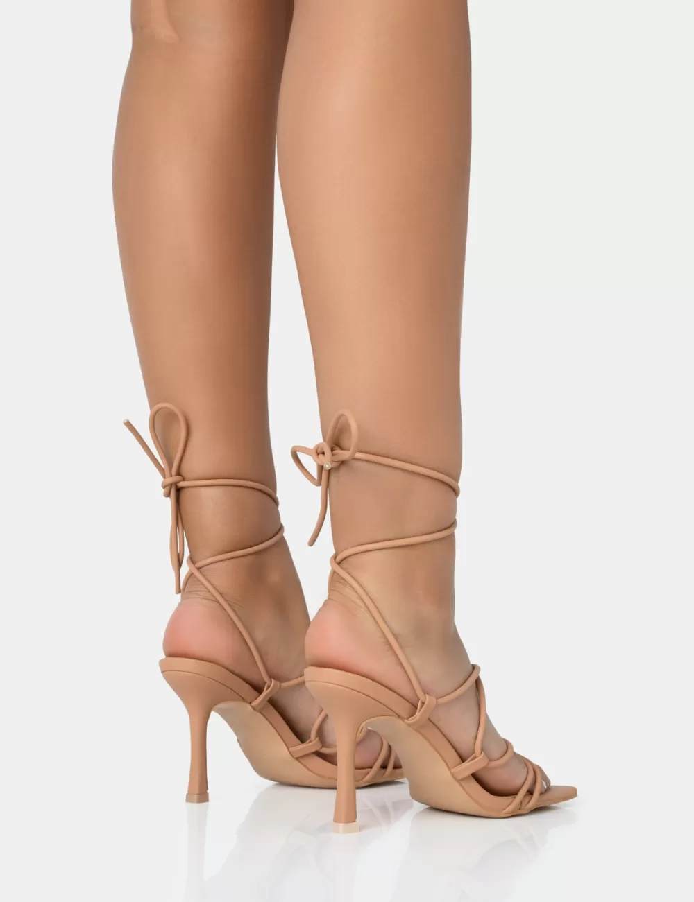 Discount Public Desire Duet Nude Knot Strappy Lace Up Square Toe Mid Heels Neutral